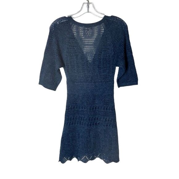 Aryeh Crochet Sweater Mini Dress Wool Blend Metallic Blue A-Line Size S - Picture 2 of 13
